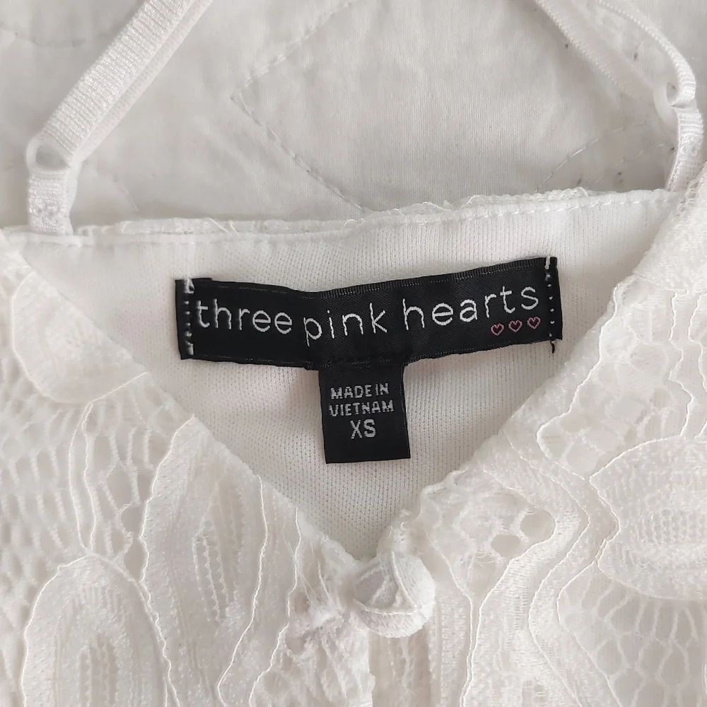 Three Pink Hearts - White Sleeveless Spaghetti-Strap Lace Button-Up Midi Dress - Picture 3 of 10